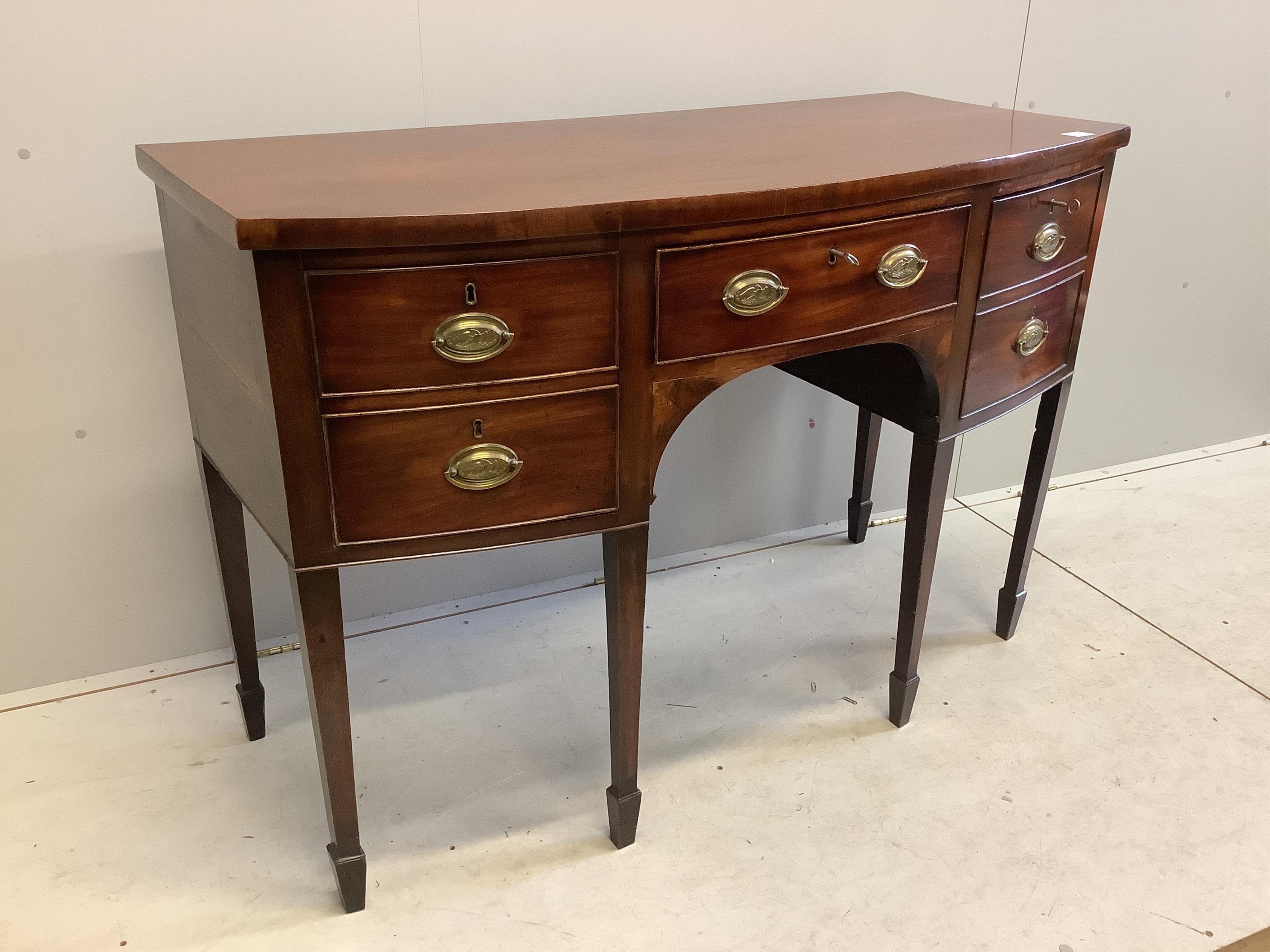 A George III mahogany bow front sideboard, width 136cm, depth 62cm, height 93cm. Condition - fair